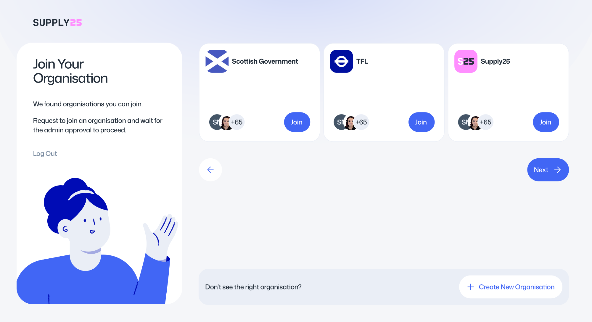 A list of organisation cards. Each has a Join link.